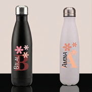 Floral Monogram Personalized Water Bottle - Custom Name & Initial Insulated Stainless Steel Flask - 17oz Double-Walled Thermos - Unique Birthday or Bridesmaid Gift - Black & White