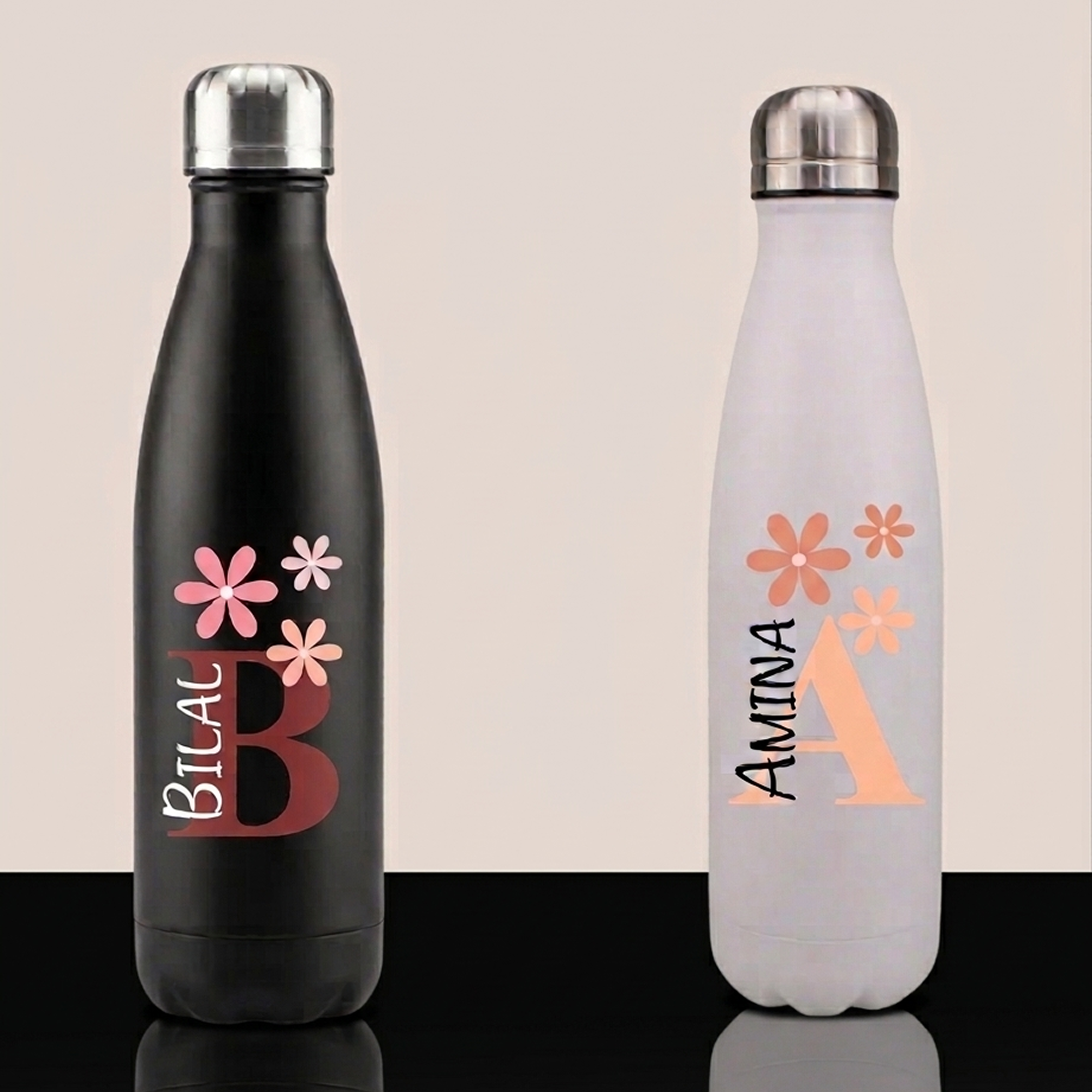 Floral Monogram Personalized Water Bottle - Custom Name & Initial Insulated Stainless Steel Flask - 17oz Double-Walled Thermos - Unique Birthday or Bridesmaid Gift - Black & White