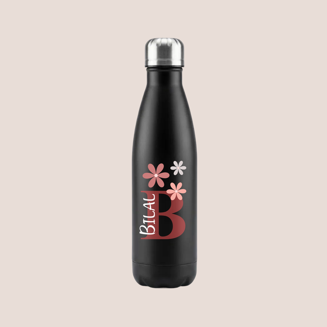 Floral Monogram Personalized Water Bottle - Custom Name & Initial Insulated Stainless Steel Flask - 17oz Double-Walled Thermos - Unique Birthday or Bridesmaid Gift - Black & White