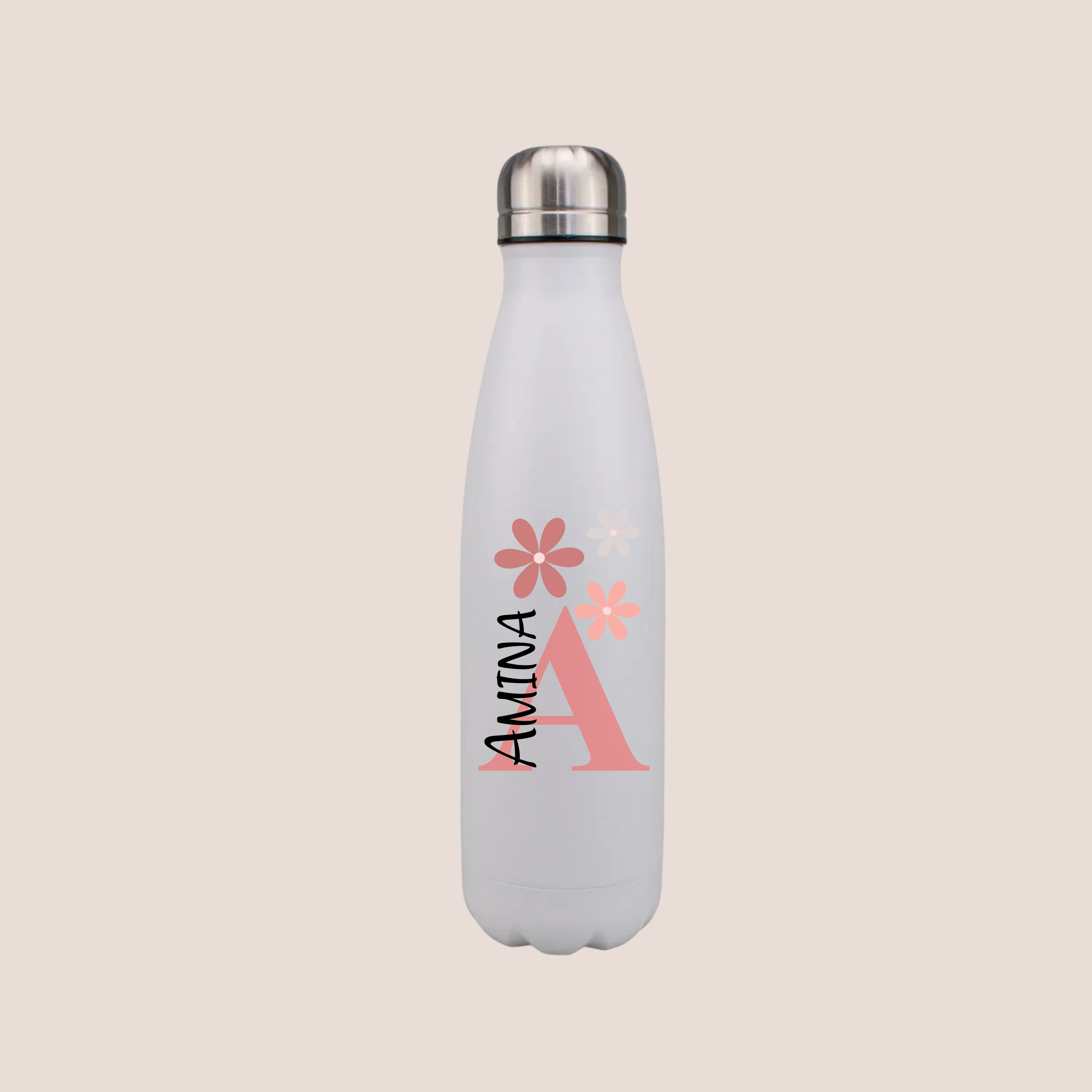 Floral Monogram Personalized Water Bottle - Custom Name & Initial Insulated Stainless Steel Flask - 17oz Double-Walled Thermos - Unique Birthday or Bridesmaid Gift - Black & White