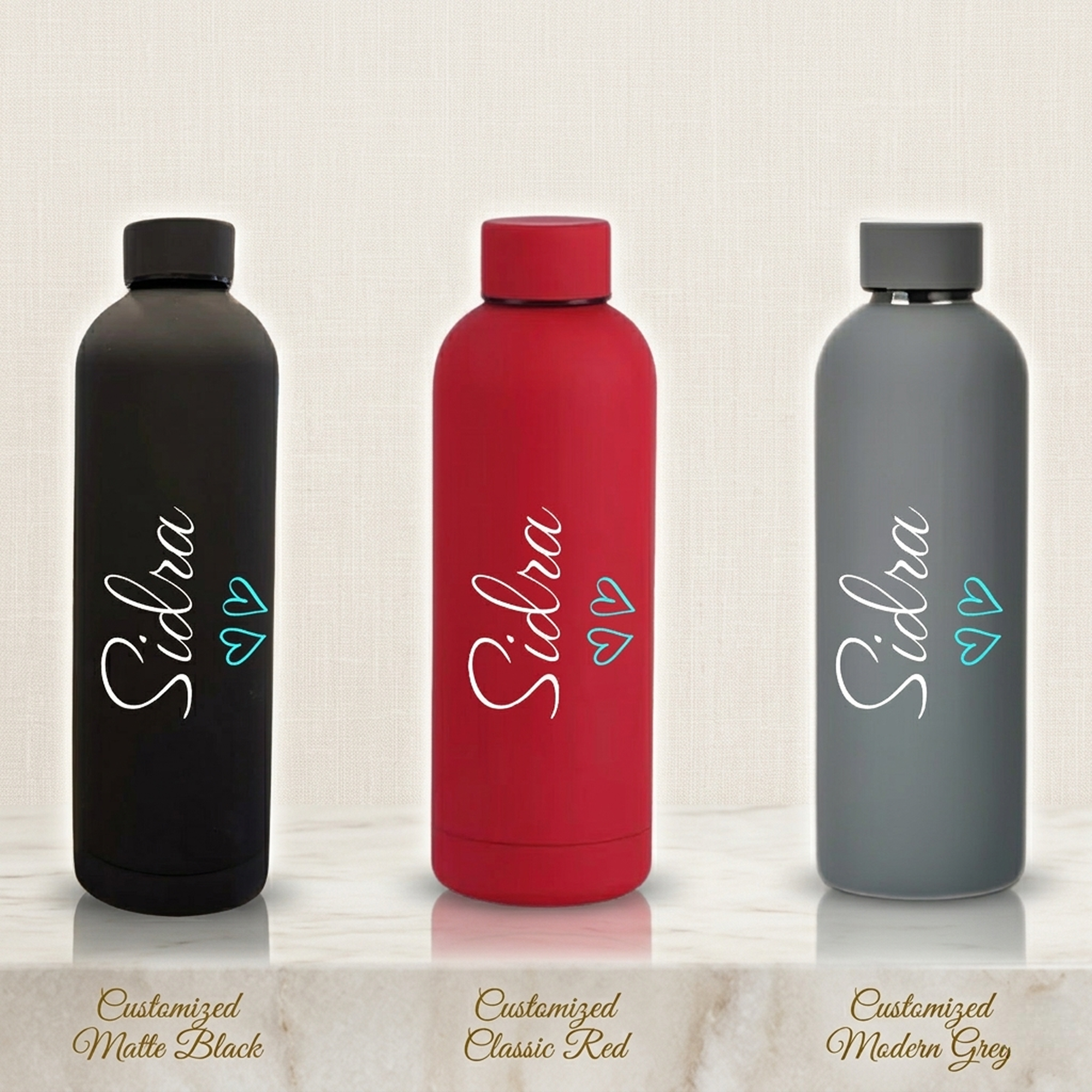 Custom Name Heart Design Matte Stainless Steel Water Bottle – 500ML (Premium Packaging)