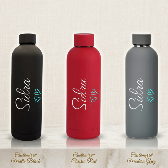 Custom Name Heart Design Matte Stainless Steel Water Bottle – 500ML (Premium Packaging)